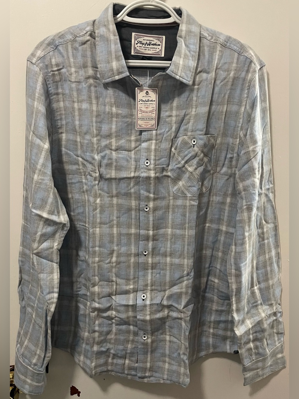 Flag & Anthem Mens Plaid Button Up Long Sleeve Shirt Light Blue Gray Size Medium